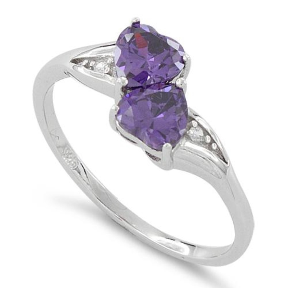Sterling Siver Double Heart Amethyst Ring CZ Sz 8